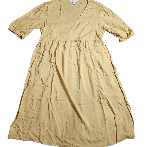 A:glow Maternity Midi Dress Sz Small Yellow Rayon Slight Puffy Sleeves Loose Fit - Picture 2 of 9